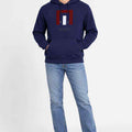 Men's navy pullover hoodie with red graphic and front kangaroo pocket
