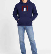 Men's navy pullover hoodie with red graphic and front kangaroo pocket