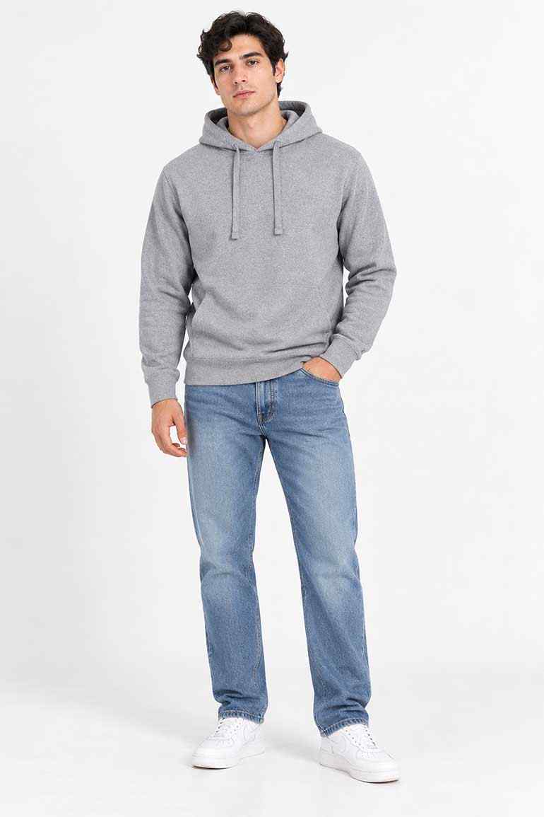 Men's grey solid hoodie with hood and drawstring, front kangaroo pocket