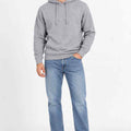 Men's grey solid hoodie with hood and drawstring, front kangaroo pocket