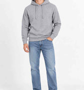 Men's grey solid hoodie with hood and drawstring, front kangaroo pocket