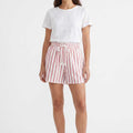 Womenâ€™s pink-and-white striped drawstring shorts with elastic waist