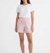 Womenâ€™s pink-and-white striped drawstring shorts with elastic waist