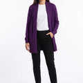 WomenÃ¢â‚¬â„¢s dark lavender open-front long cardigan with ribbed cuffs and collar