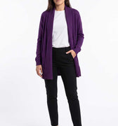 WomenÃ¢â‚¬â„¢s dark lavender open-front long cardigan with ribbed cuffs and collar