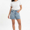 Light blue washed denim shorts for women, high rise, button front, side and back pockets
