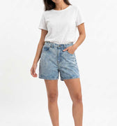 Light blue washed denim shorts for women, high rise, button front, side and back pockets