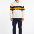 Men's collared sweatshirt, cream with black/blue/orange stripe block