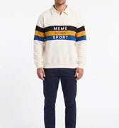 Men's collared sweatshirt, cream with black/blue/orange stripe block