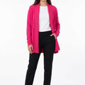 Women's long open-front cardigan in medium magenta knit, long sleeves