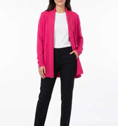 Women's long open-front cardigan in medium magenta knit, long sleeves