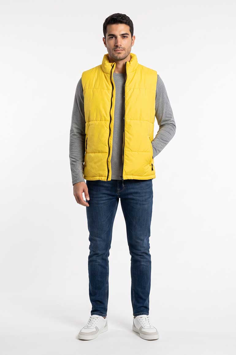 Men's yellow puffer vest with front zipper and stand collar