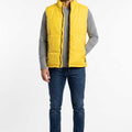 Men's yellow puffer vest with front zipper and stand collar