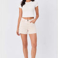 Women's ecru casual denim-style shorts with front button and belt loops