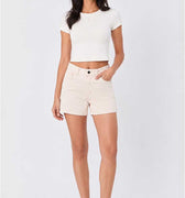 Women's ecru casual denim-style shorts with front button and belt loops