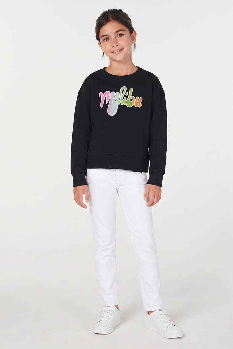 Girls' black crew-neck sweatshirt with Malibu logo print