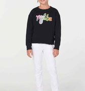 Girls' black crew-neck sweatshirt with Malibu logo print