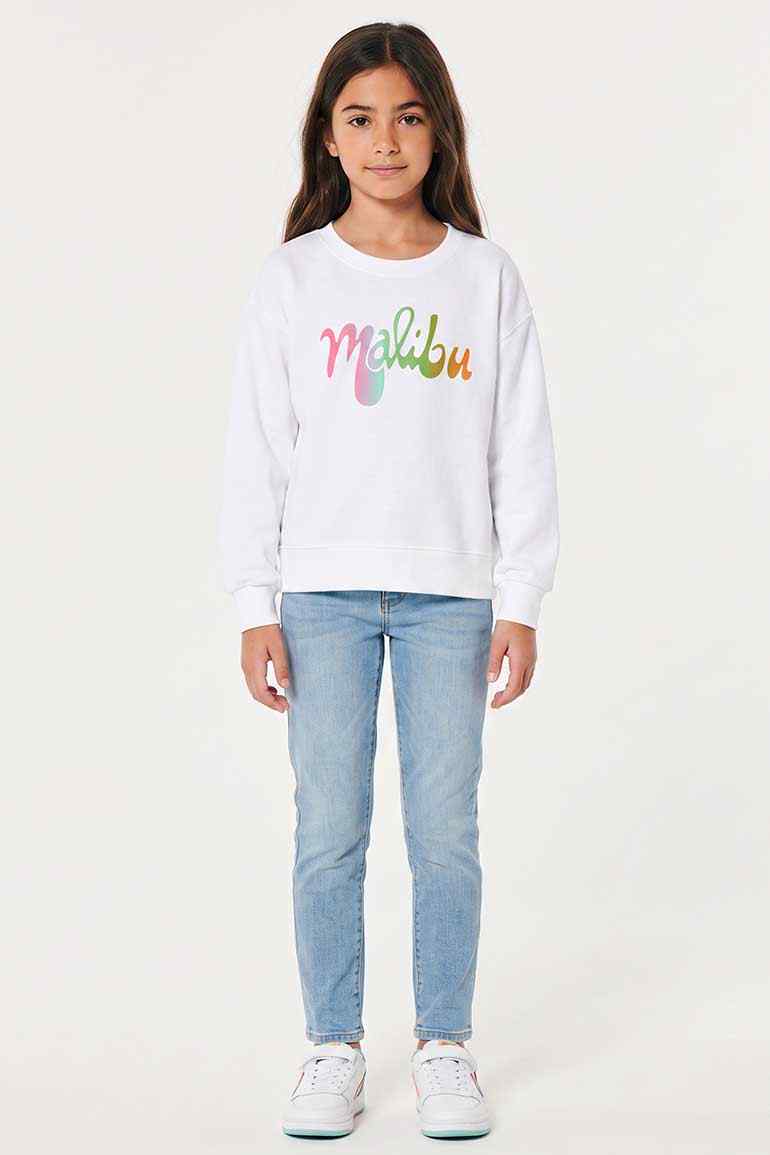 Girls' white crewneck sweatshirt with colorful Malibu logo on front