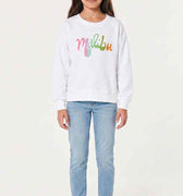 Girls' white crewneck sweatshirt with colorful Malibu logo on front