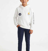 Boys white patchwork hoodie with hood, front pocket, and sailboat graphic patches