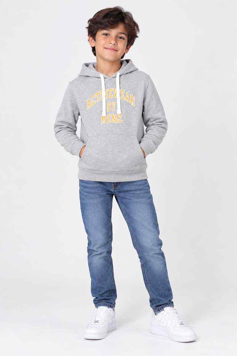 Heather gray boys pullover hoodie with front graphic, hood and kangaroo pocket