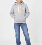 Heather gray boys pullover hoodie with front graphic, hood and kangaroo pocket