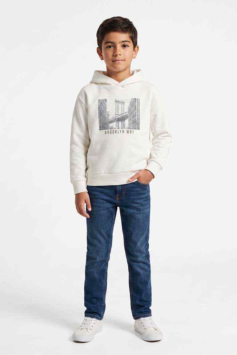 Boys' platinum hoodie with front Brooklyn Way skyline graphic and kangaroo pocket