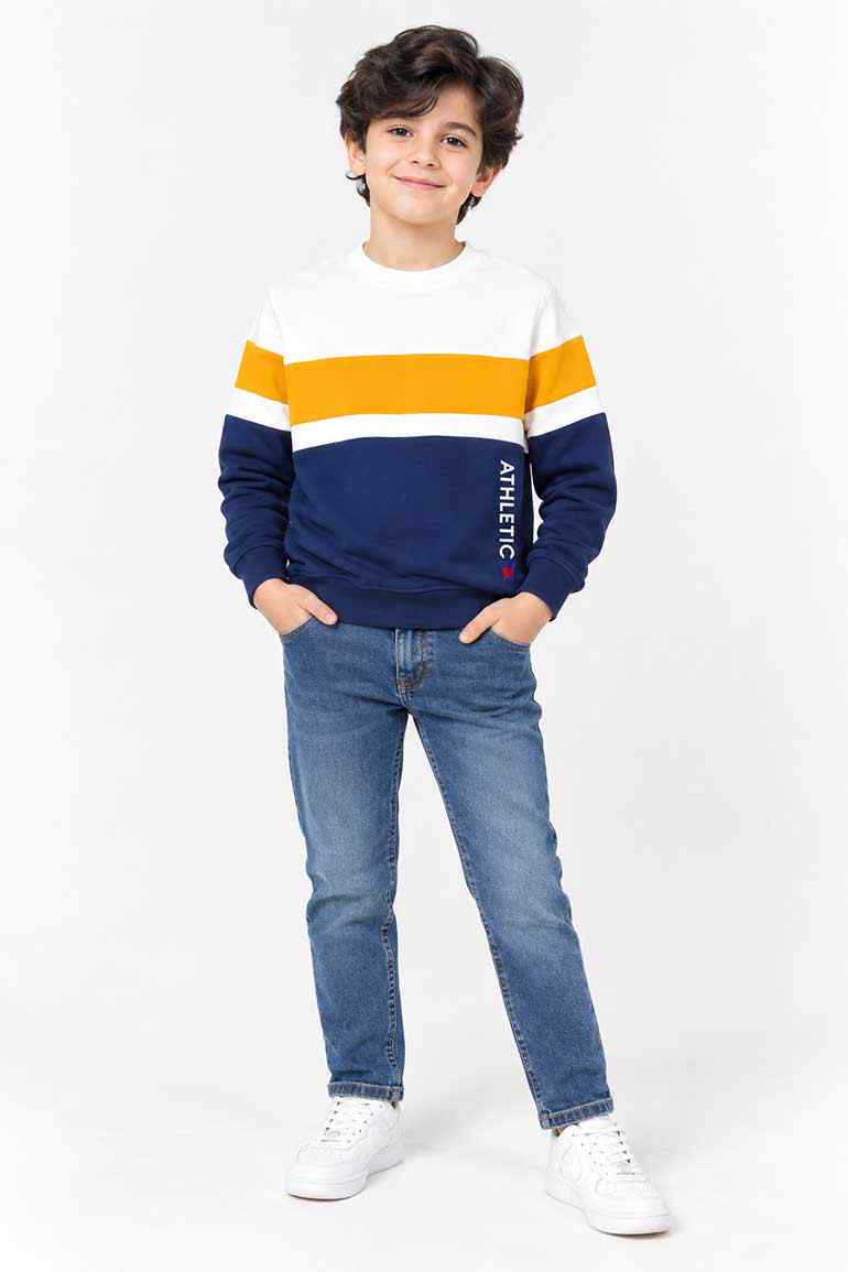 Boys colorblock sweatshirt with white, yellow stripe and navy body, crewneck long sleeves
