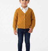 Gold yellow baby girls pointelle cardigan with button-front closure, long sleeves