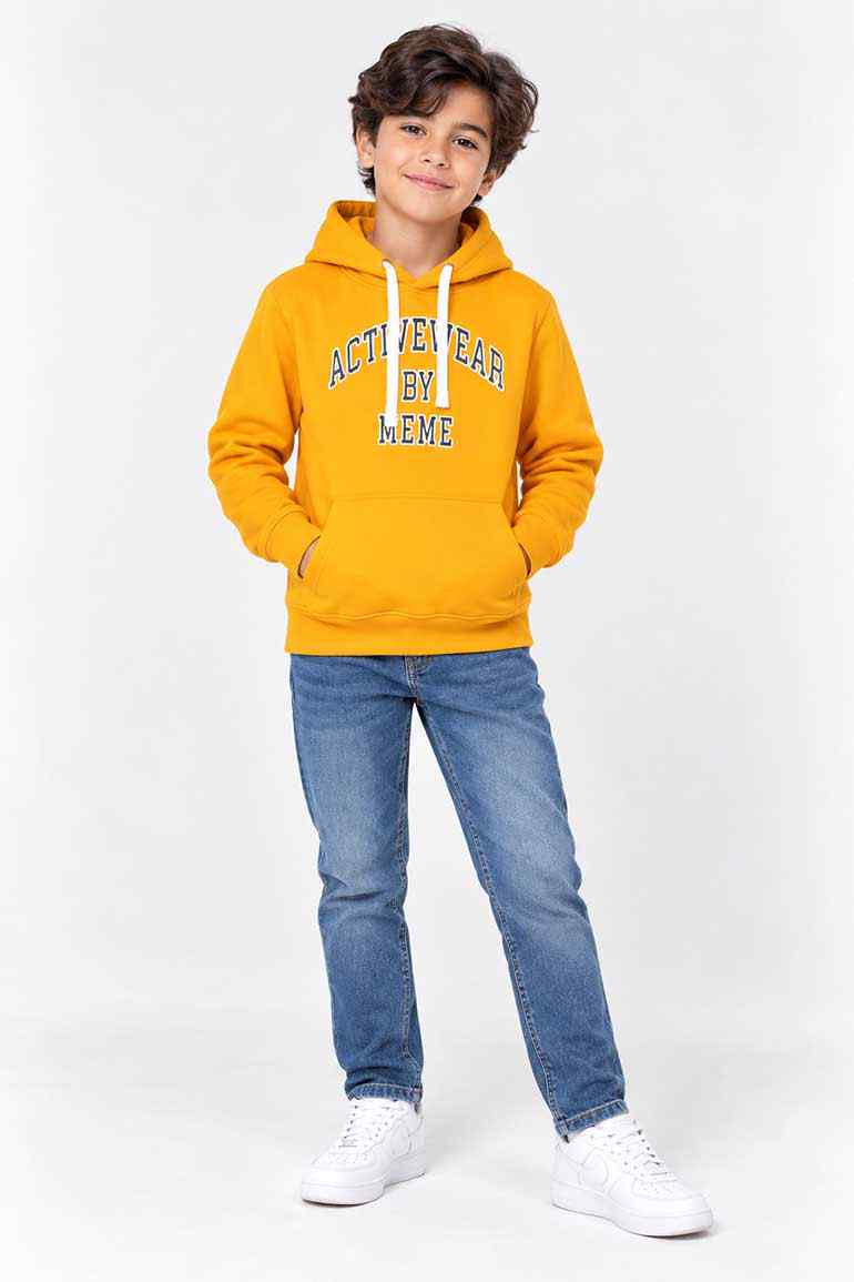 Boys yellow hoodie with attached hood, white drawstring, and front graphic print