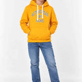 Boys yellow hoodie with attached hood, white drawstring, and front graphic print