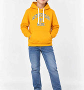 Boys yellow hoodie with attached hood, white drawstring, and front graphic print