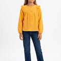 Girls mock orange ruffle button-down blouse with front buttons and gathered neckline