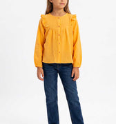 Girls mock orange ruffle button-down blouse with front buttons and gathered neckline