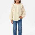 Girls ecru ruffle-detail button-down blouse with gathered yoke and long sleeves