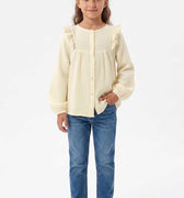 Girls ecru ruffle-detail button-down blouse with gathered yoke and long sleeves