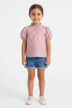 Purple printed baby girls blouse with puff sleeves and ruffled high neckline