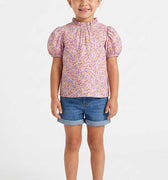 Purple printed baby girls blouse with puff sleeves and ruffled high neckline
