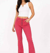 Rose high-waisted flare pants with button-fly front and belt loops