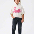 Girls' short-sleeve pullover hoodie, light cream with pink 'Boston' graphic and hood.