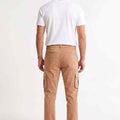 Men's tan cargo trousers rear view with belt loops and cargo pocket on leg