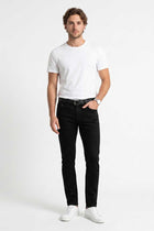 Men's black skinny fit jeans with belt loops, zipper fly, and front pockets
