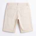 Men's chino shorts in light beige, flat lay with button fly and front pockets