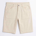 Men's chino shorts in light beige, flat lay back with button closure and rear pockets