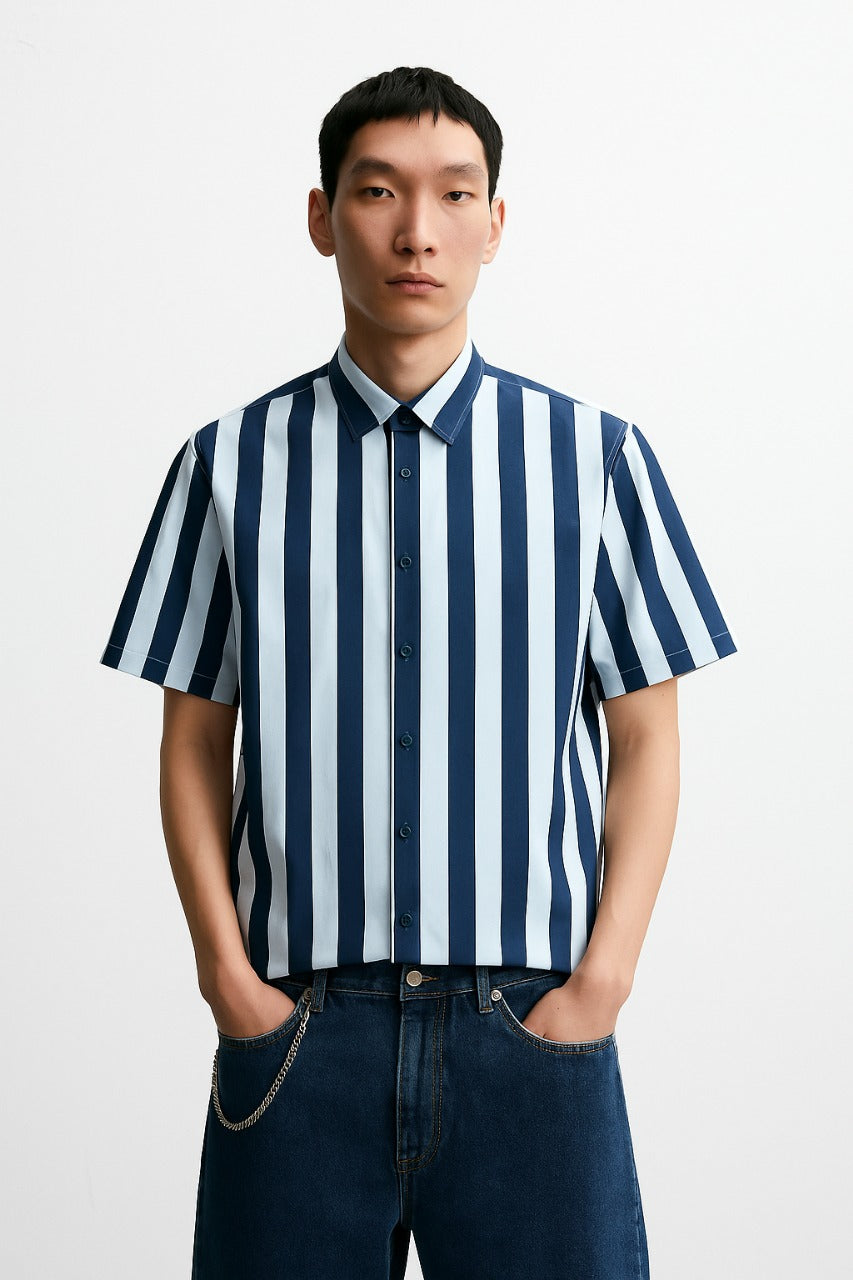Stripe Half Sleeve Shirt For Men - Blue