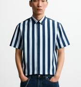 Stripe Half Sleeve Shirt For Men Blue model ware