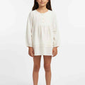 Girls cream dress with long puff sleeves, button front, gathered yoke