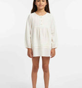 Girls cream dress with long puff sleeves, button front, gathered yoke