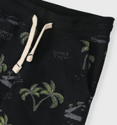 Baby boys' black summer shorts with tropical print and drawstring waistband