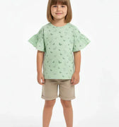 Light green baby girls oversized T-shirt with all-over butterfly print, flutter sleeves
